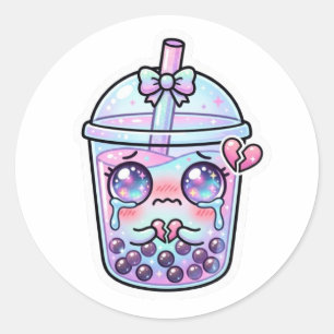 Adesivo Redondo Lindo Kawaii Triste Boba Leite Chá Chorando com H