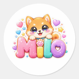 Adesivo Redondo Lindo Milo Cachorro Kawaii Nome Pastel Rosa Brilha