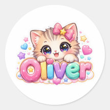 Lindo Nome de Gato Oliver Kawaii Rosa Pastel Brilh