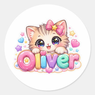 Adesivo Redondo Lindo Nome de Gato Oliver Kawaii Rosa Pastel Brilh
