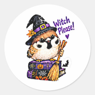Adesivo Redondo Lindo Passarinho Chibi Halloween Bruxa Por Favor