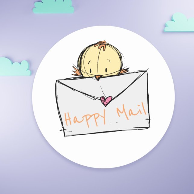 Adesivo Redondo Lindo passarinho voando com uma carta Correio Feli (Cute little bird flying with a letter Happy Mail Classic Round Sticker)