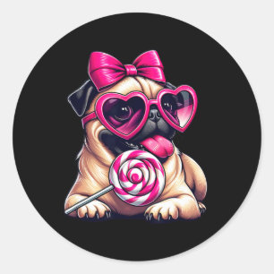 Adesivo Redondo Lindo Pug Com Arco De Sungles De Coração Dia Dos N