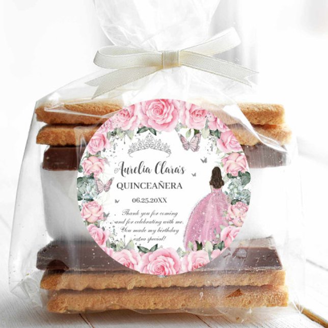Adesivo Redondo Lindo Rosa Floral Princesa Prata Quinceañera XV (Criador carregado)