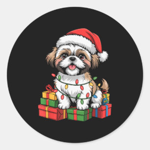 Adesivo Redondo Lindo Shih Tzu Chapéu de Papai Noel Natal Xmas Ama