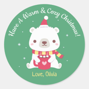 Adesivo Redondo Lindo Tenha um Natal Quente e Aconchegante Urso Po