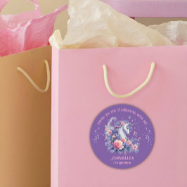 Adesivo Redondo Lindo Unicórnio Floral Rosa Roxo Aniversário Menin