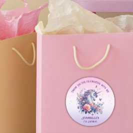 Adesivo Redondo Lindo Unicórnio Floral Rosa Roxo Aniversário Menin