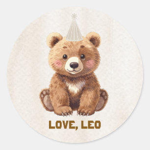 Adesivo Redondo Lindo Urso de Aquarela Floresta Aniversário Clássi