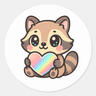 Adesivo Redondo Lindos Guaxinins Kawaii Felizes com Coração Arco-Í