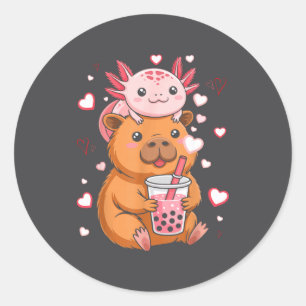 Adesivo Redondo Lindos Kawaii Axolote Capivara Chá Bubble Meninas