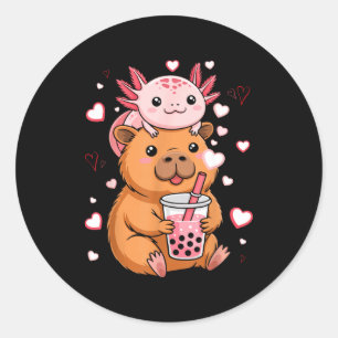 Adesivo Redondo Lindos Kawaii Axolotl Capybara Chá com Bolhas Meni