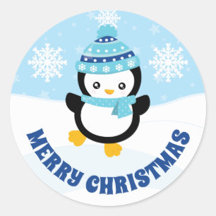 Adesivo Redondo Lindos Miúdos Chapéu Azul Pinguim Feliz Natal
