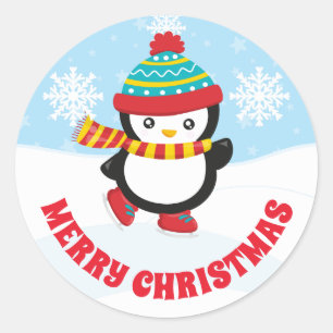 Adesivo Redondo Lindos Miúdos Patinando Pinguim Feliz Natal