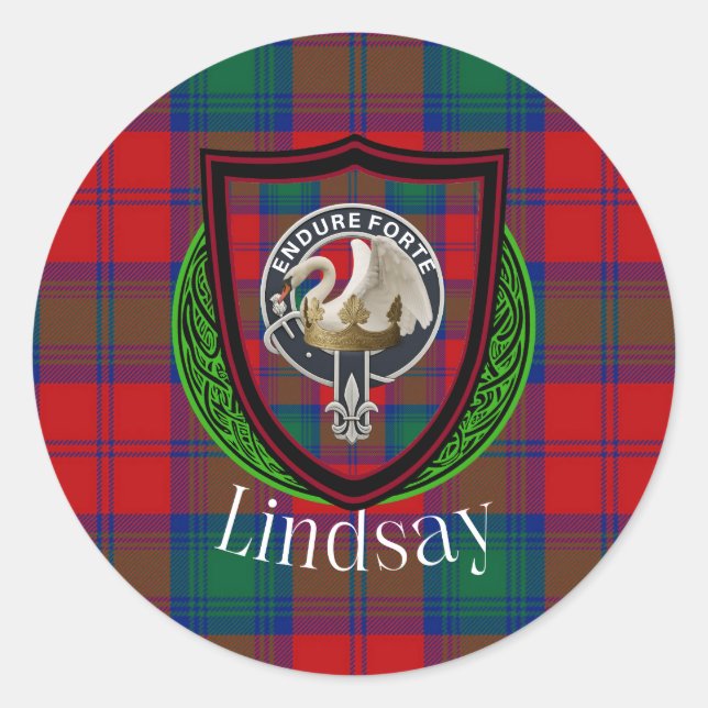 Adesivo Redondo Lindsay Scottish Clan Tartan & Crest (Frente)