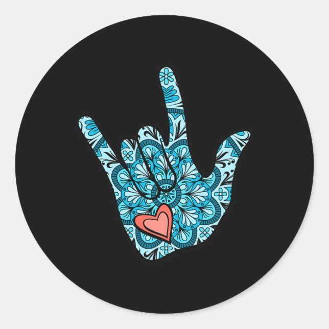 Adesivo Redondo Linguagem de Sinal ASL Eu Amo Você Gesture Coração (Frente)