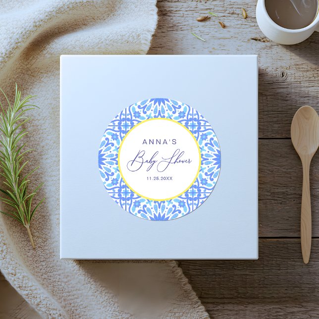 Adesivo Redondo Linha Amarela do Chá de fraldas Azul Italiano (Criador carregado)