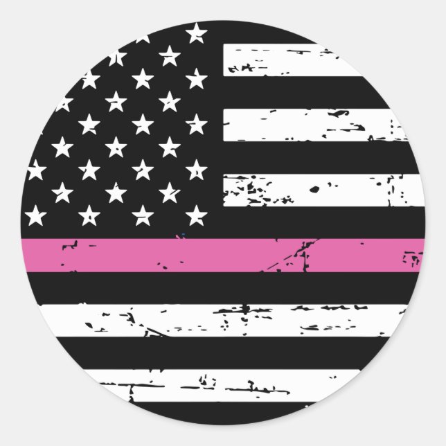 Adesivo Redondo Linha rosa-fina com bandeira americana (Frente)