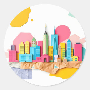 Adesivo Redondo Linha Skyline de Cidade de Colagem de Papel
