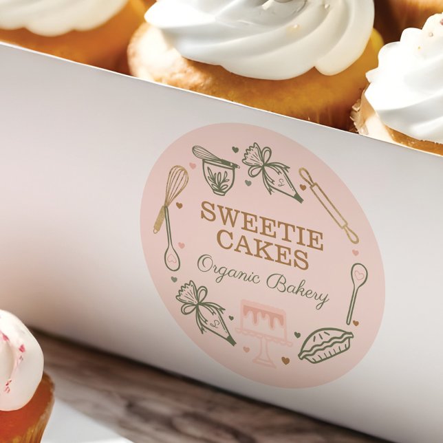 Adesivo Redondo Linho Utensílio de Baía e Cozinhar Rosa e Verde Ol (Baking & Cooking Utensil Pink & Olive Green Classic Round Sticker)