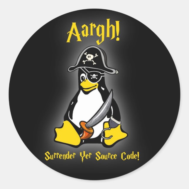 Adesivo Redondo Linux Tux Penguin Pirate Sticker Black Ubuntu, etc (Frente)