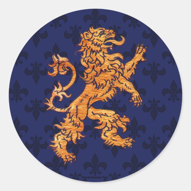 Adesivo Redondo Lion Azul Fleur de Lis, Dourado medieval (Frente)