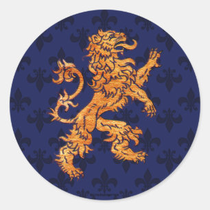 Adesivo Redondo Lion Azul Fleur de Lis, Dourado medieval