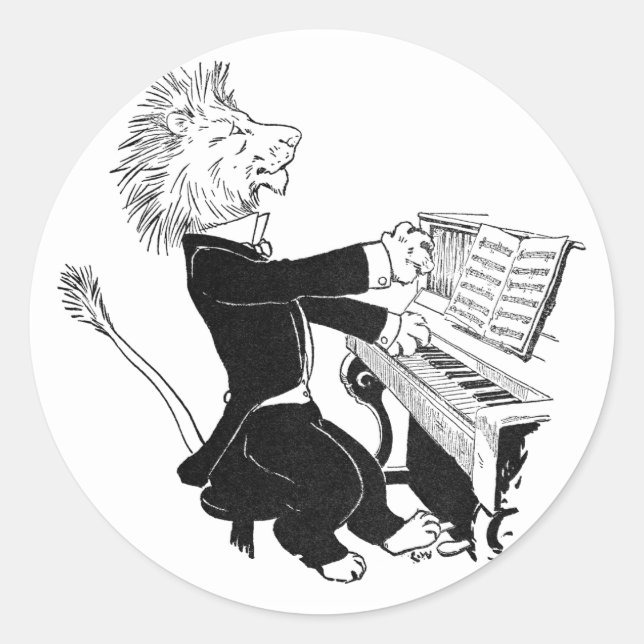 Adesivo Redondo Lion Tocando Piano Antique Louis Wain Desenho (Frente)