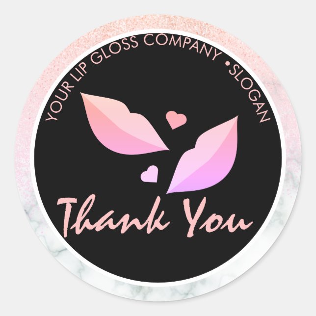 Adesivo Redondo Lip Gloss Logotipo comercial Marble Gliter Rosa (Frente)