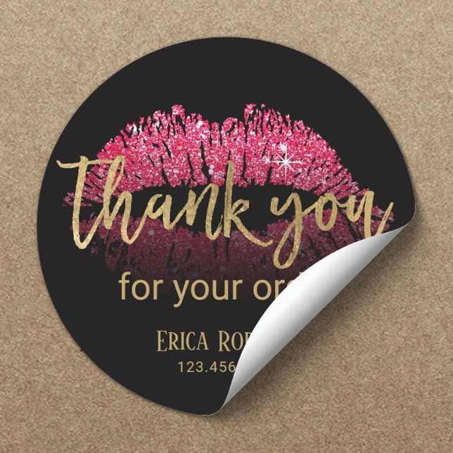 Adesivo Redondo Lip LipStick Dourado Script de Negócio Obrigado (Criador carregado)