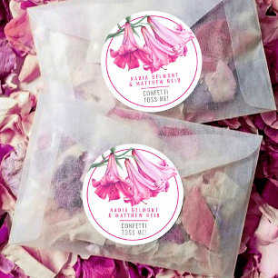Adesivo Redondo Lírio trombeta rosa arte floral confete de casamen