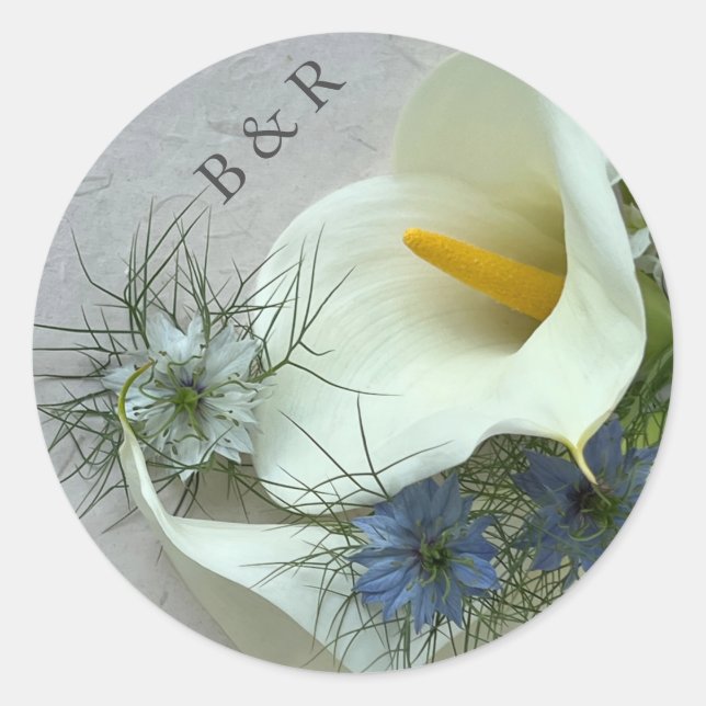 Adesivo Redondo Lírios Calla com selo azul preto (Frente)