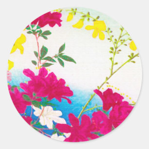 Adesivo Redondo Lírios do dia japonês - magenta, azul amarelo