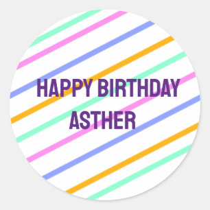 Adesivo Redondo Listras coloridas, feliz aniversário, adicione nom