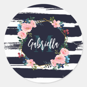Adesivo Redondo Listras E Monograma De Moldura Floral