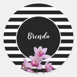 Adesivo Redondo Listras pretas e brancas personalizadas com orquíd