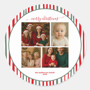 Adesivo Redondo Listras quatro família Foto feliz Natal