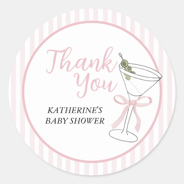 Adesivo Redondo Listras Rosa Tini Um Está a Caminho Obrigado (Frente)