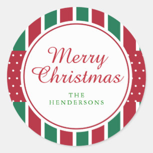 Adesivo Redondo Listras vermelhas e verdes e Natal do feriado dos