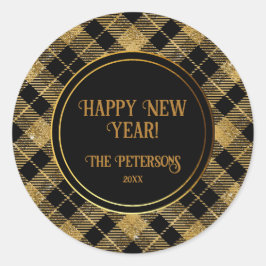 Adesivo Redondo Lítima Dourada Elegante de Tartan Preto
