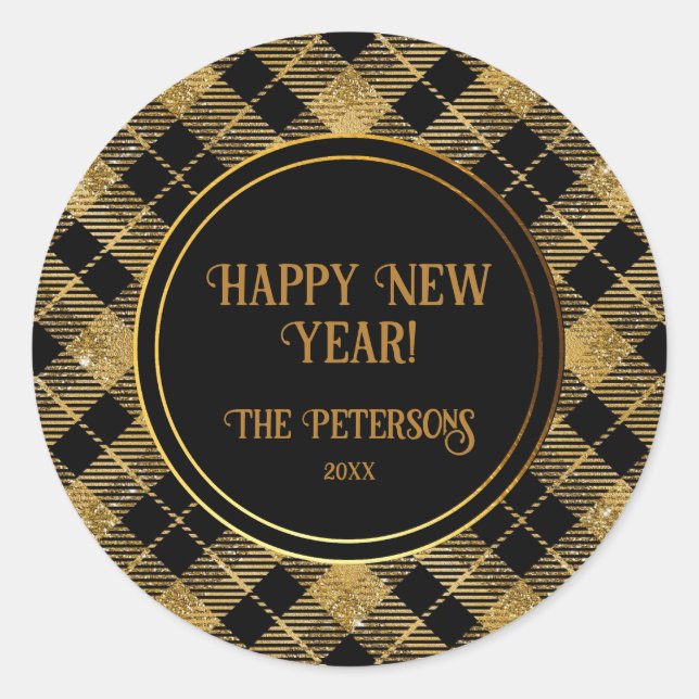 Adesivo Redondo Lítima Dourada Elegante de Tartan Preto (Frente)