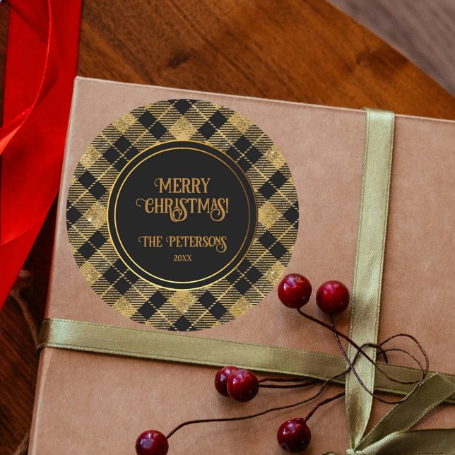 Adesivo Redondo Lítima Dourada Elegante de Tartan Preto (Criador carregado)