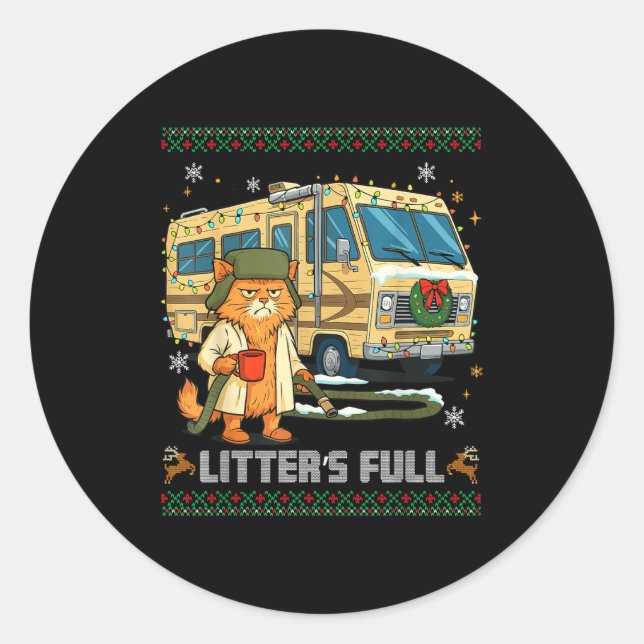 Adesivo Redondo Litter's Full Funny Silly Cat Holding Coffee Meme  (Frente)