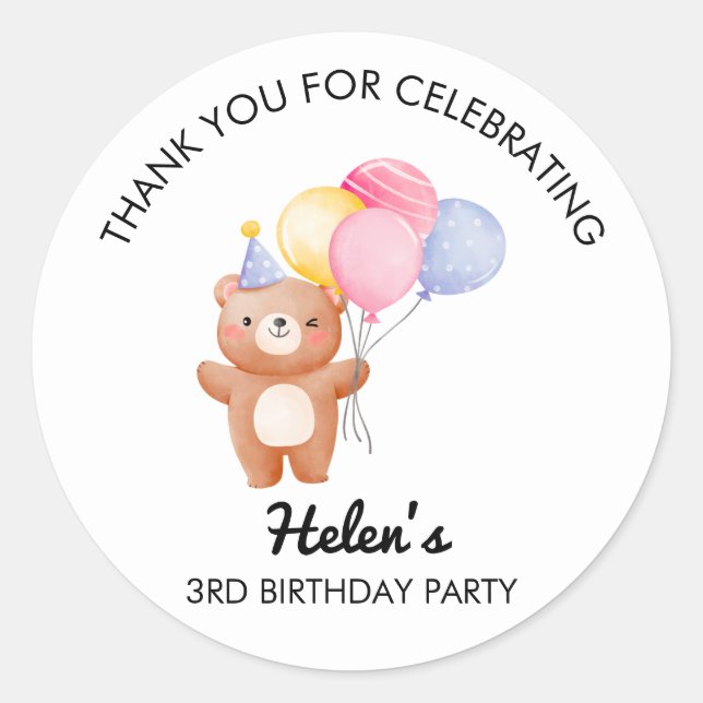 Adesivo Redondo Little Bear Balloon Birthday Party Sticker (Frente)