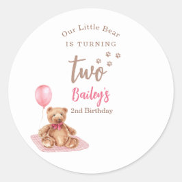 Adesivo Redondo Little Bear Pink Any Age Birthday