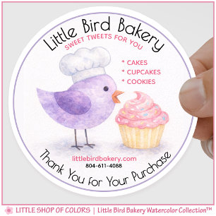 Adesivo Redondo Little Bird Bakery Cupcake Aquarela