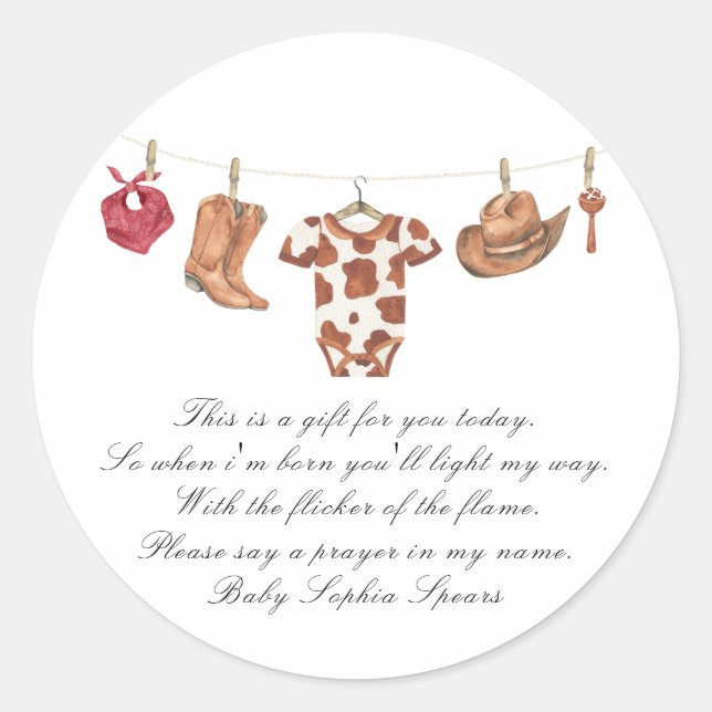 Adesivo Redondo Little cowboy baby shower - Prayer candle label (Frente)