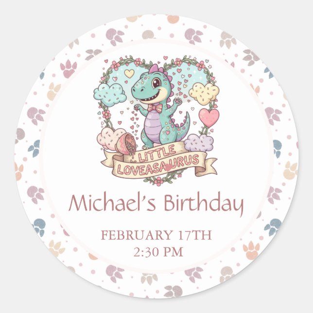 Adesivo Redondo Little Dino Kid's Birthday Party (Frente)