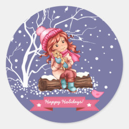 Adesivo Redondo Little Girl e Gatinho de Natal