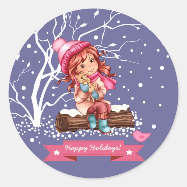 Adesivo Redondo Little Girl e Gatinho de Natal (Frente)